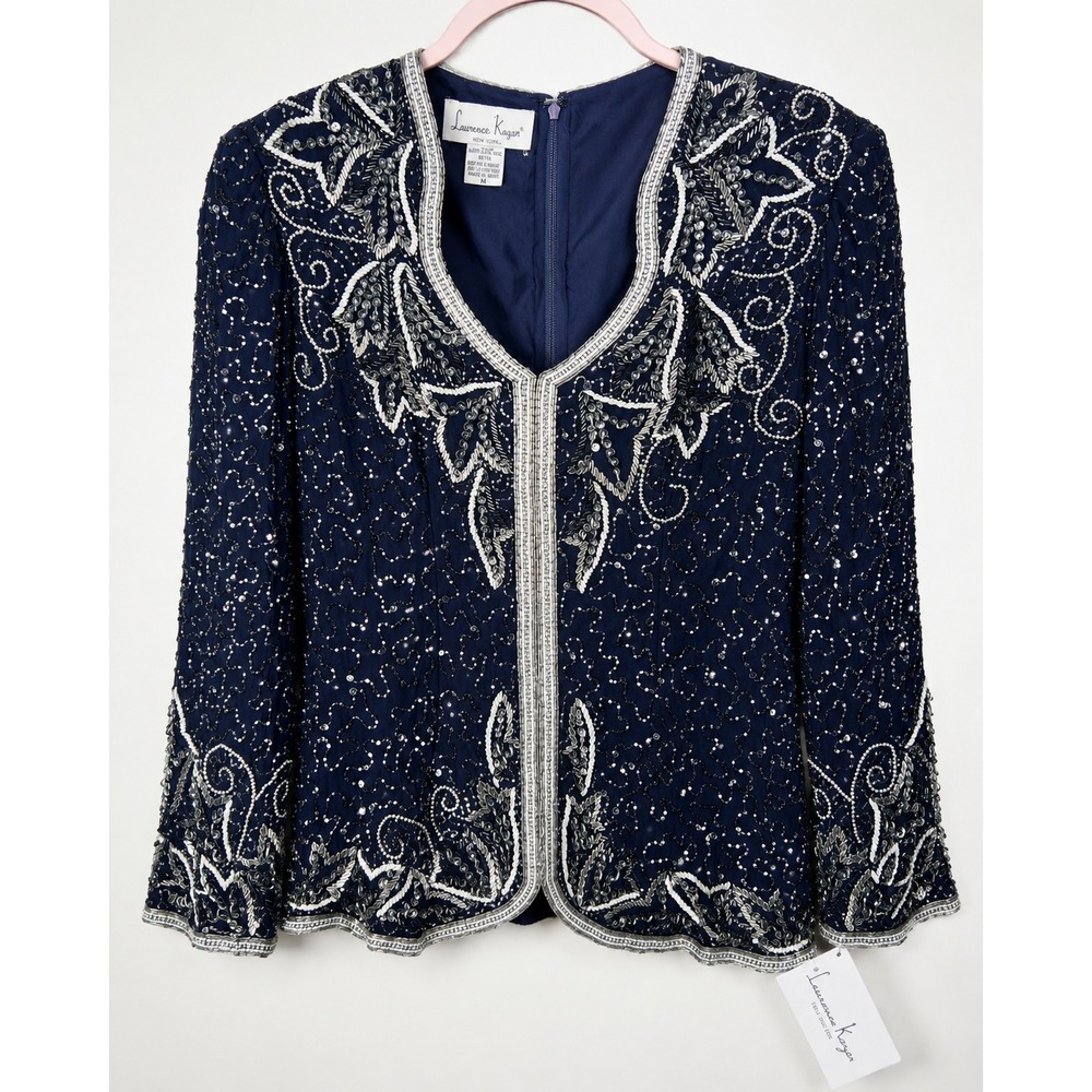Vintage Laurence Kazar Silk Hand Beaded Sequin Blouse Navy Silver M NWT
